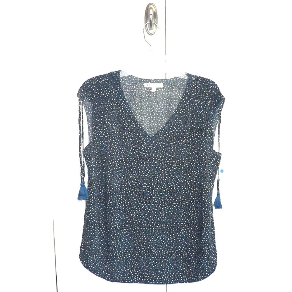 Dr2 Women's V-Neck Sleeveless Cinched Tasseled Shoulder Top in Blue Multi Medium